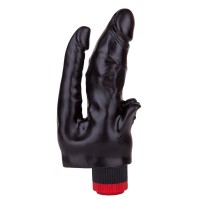 Чёрный вибромассажёр с двумя стволами и лепестками - 17 см. Чёрный вибромассажёр с двумя стволами и лепестками - 17 см.