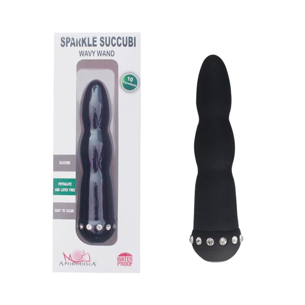 Черный вибратор WAVY WAND со стразами - 14 см