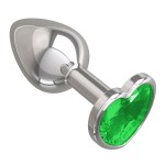 Серебристая анальная втулка с зеленым кристаллом-сердцем - 7 см