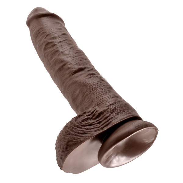 Большой коричневый фаллоимитатор с мошонкой 10  Cock with Balls на присоске - 25,4 см
