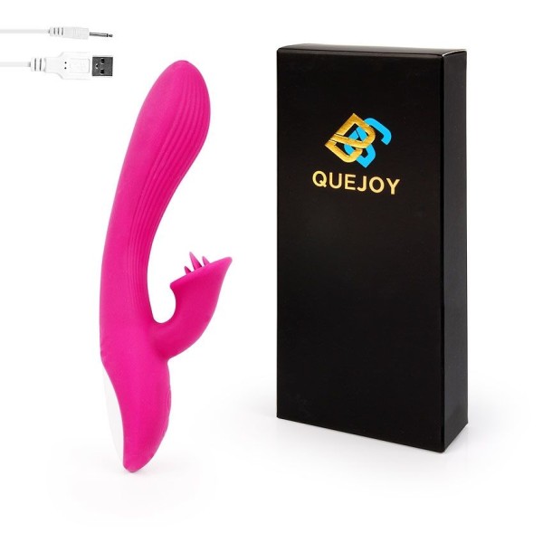 Ярко-розовый рельефный вибратор-кролик QUEJOY - 25 см