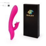 Ярко-розовый рельефный вибратор-кролик QUEJOY - 25 см