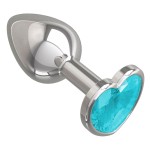 Серебристая анальная втулка с голубым кристаллом-сердцем - 7 см
