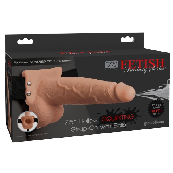 Телесный полый страпон с имитацией эякуляции 75  Hollow Squirting Strap-On with Balls - 21,6 см