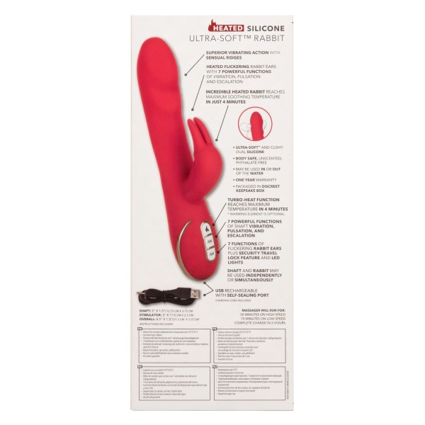Красный вибромассажер-кролик с функцией нагрева Heated Silicone Ultra-Soft Rabbit - 21,5 см