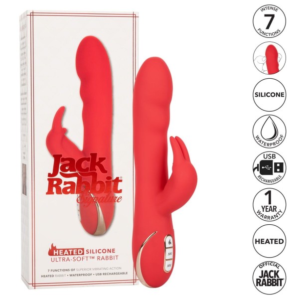Красный вибромассажер-кролик с функцией нагрева Heated Silicone Ultra-Soft Rabbit - 21,5 см