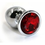 Серебристая алюминиевая анальная пробка с красным кристаллом - 7 см