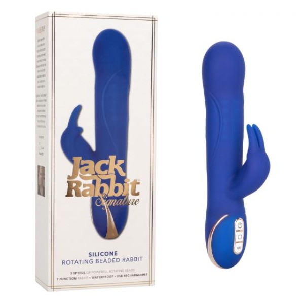 Синий вибратор Signature Silicone Rotating Beaded Rabbit с клиторальным отростком - 22,75 см