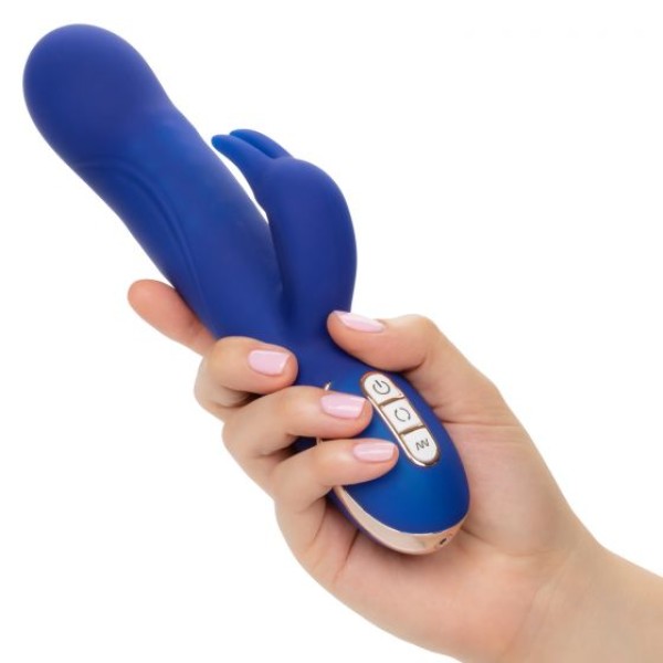 Синий вибратор Signature Silicone Rotating Beaded Rabbit с клиторальным отростком - 22,75 см