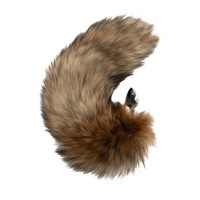 Серебристая металлическая анальная пробка с черно-рыжим хвостиком