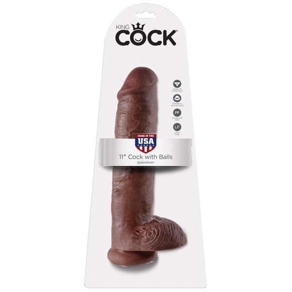 Коричневый фалоимитатор-гигант на присоске 11  Cock with Balls - 28 см