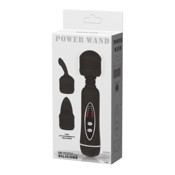 Черный вибромассажер со сменными насадками Power Wand - 20,5 см