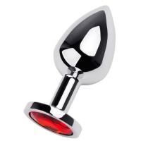 Серебристая гладкая анальная пробка с красным кристаллом - 8 см. Серебристая гладкая анальная пробка с красным кристаллом - 8 см.