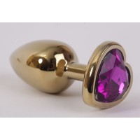 Золотистая анальная пробка с фиолетовым стразиком-сердечком - 7,5 см. Золотистая анальная пробка с фиолетовым стразиком-сердечком - 7,5 см.