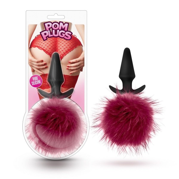 Силиконовая анальная пробка с бордовым заячьим хвостом Fur Pom Pom - 12,7 см