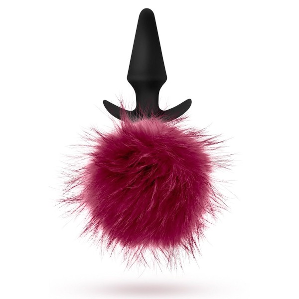 Силиконовая анальная пробка с бордовым заячьим хвостом Fur Pom Pom - 12,7 см
