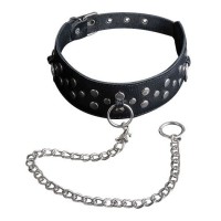 Чёрный кожаный ошейник с карабином и поводком Чёрный кожаный ошейник с карабином и поводком