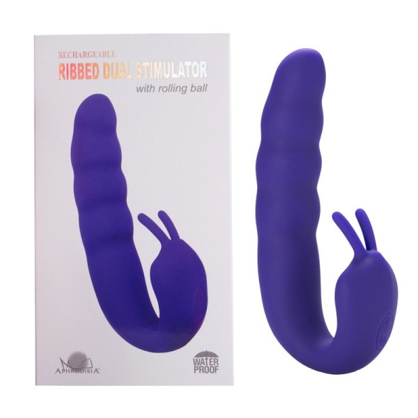 Фиолетовый вибратор Ribbed Dual Stimulator with Rolling Ball - 17 см