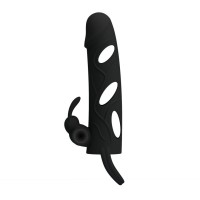 Чёрная насадка с клиторальным вибростимулятором и закрытой головкой - 14 см. Чёрная насадка с клиторальным вибростимулятором и закрытой головкой - 14 см.