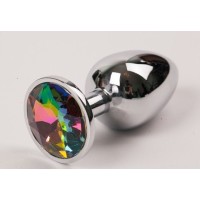 Серебряная металлическая анальная пробка с радужным стразиком - 8,2 см. Серебряная металлическая анальная пробка с радужным стразиком - 8,2 см.