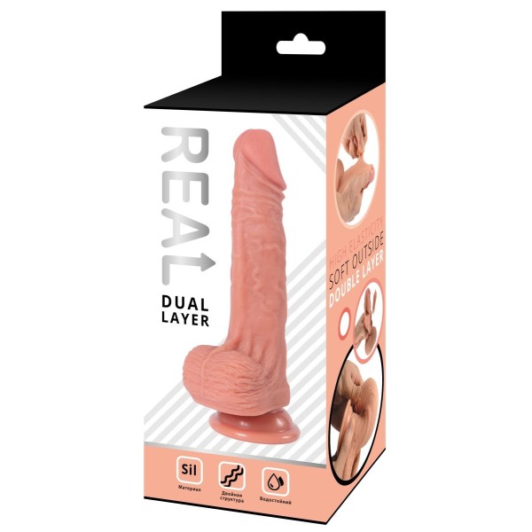 Телесный фаллоимитатор-реалистик с мошонкой Real Dual Layer - 20 см