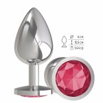 Серебристая большая анальная пробка с малиновым кристаллом - 9,5 см