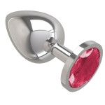 Серебристая большая анальная пробка с малиновым кристаллом - 9,5 см