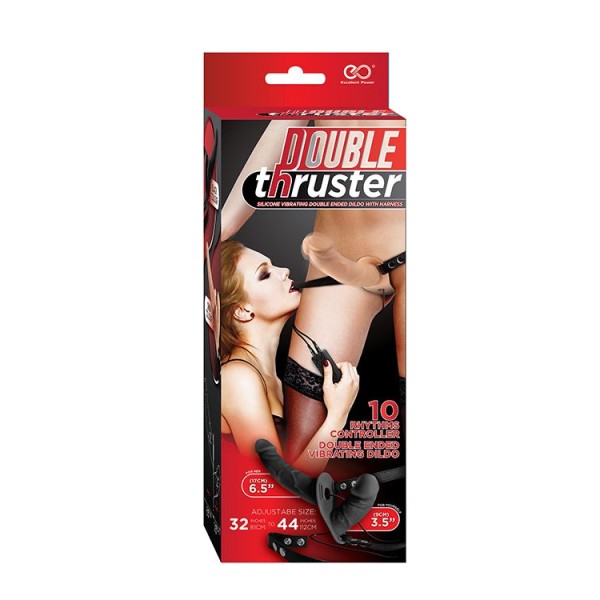 Телесный страпон с вибрацией и вагинальной пробкой DOUBLE THRUSTER VIBE WITH HARNESS - 17 см
