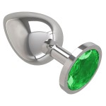Серебристая большая анальная пробка с зеленым кристаллом - 9,5 см