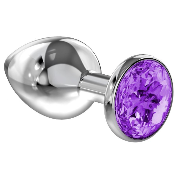 Малая серебристая анальная пробка Diamond Purple Sparkle Small с фиолетовым кристаллом - 7 см