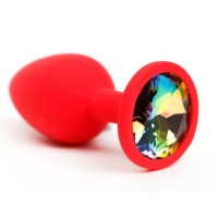 Красная силиконовая анальная пробка с радужным стразом - 7,6 см. Красная силиконовая анальная пробка с радужным стразом - 7,6 см.