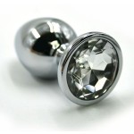 Серебристая алюминиевая анальная пробка с прозрачным кристаллом - 6 см