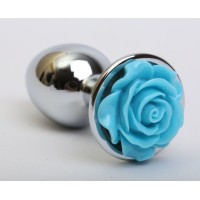 Серебристая анальная пробка с голубой розочкой - 7,6 см. Серебристая анальная пробка с голубой розочкой - 7,6 см.