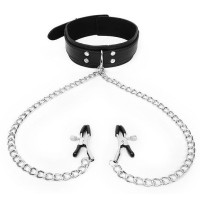 Черный ошейник с зажимами на соски на цепочке Черный ошейник с зажимами на соски на цепочке