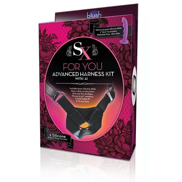 Фиолетовый страпон на регулируемом поясе с кольцами ADVANCED HARNESS KIT WITH AI - 16,5 см