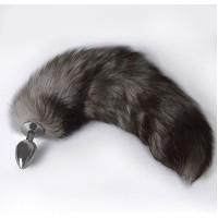 Серебристая коническая анальная пробка с пушистым хвостиком