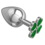 Серебристая анальная пробка-клевер с зеленым кристаллом - 9,5 см