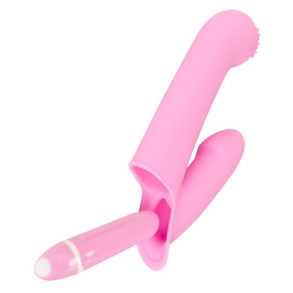 Нежно-розовая двойная вибронасадка на палец Vibrating Finger Extension - 17 см