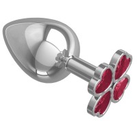 Серебристая анальная пробка-клевер с малиновым кристаллом - 9,5 см.