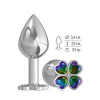 Средняя серебристая анальная втулка с клевером из радужных кристаллов - 8,5 см. Средняя серебристая анальная втулка с клевером из радужных кристаллов - 8,5 см.