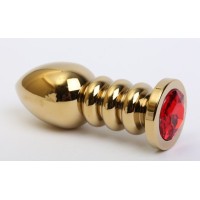 Золотистая фигурная анальная пробка с красным стразом - 10,3 см. Золотистая фигурная анальная пробка с красным стразом - 10,3 см.