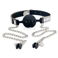 Серебристо-черный кляп с зажимами на соски Breathable Ball Gag With Nipple Clamp Серебристо-черный кляп с зажимами на соски Breathable Ball Gag With Nipple Clamp
