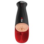Телесный мастурбатор-вагина в черной колбе с вибрацией Fuck-O-Matic Pro XL