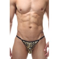 Золотистые мужские трусы-танга с принтом в виде букв Золотистые мужские трусы-танга с принтом в виде букв