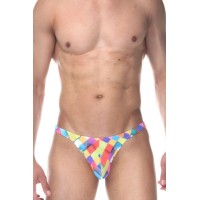Яркие трусы-тонги с геометрическим цветным принтом