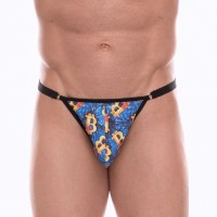 Синие мужские трусы-тонги с разноцветным принтом