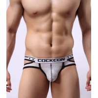 Белые мужские трусы-брифы с вырезами и леопардовым рисунком Белые мужские трусы-брифы с вырезами и леопардовым рисунком