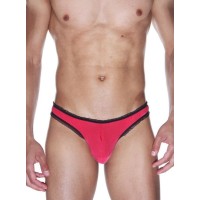 Красные мужские трусы-бразилиана с черной рюшевой отделкой Красные мужские трусы-бразилиана с черной рюшевой отделкой