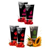 Набор из 5 съедобных лубрикантов JUJU (клубника х 2, малина х 2, тропические фрукты) Набор из 5 съедобных лубрикантов JUJU (клубника х 2, малина х 2, тропические фрукты)