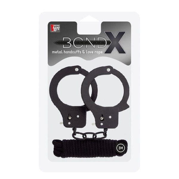 Чёрные наручники из листового металла в комплекте с веревкой BONDX METAL CUFFS LOVE ROPE SET